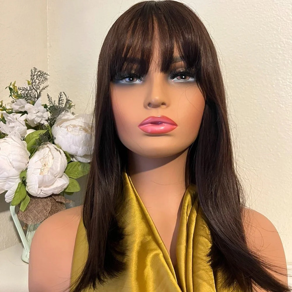 16 Inch Human hair blend Dark Brown Short Wig With Bangs - Picture 2 of 11